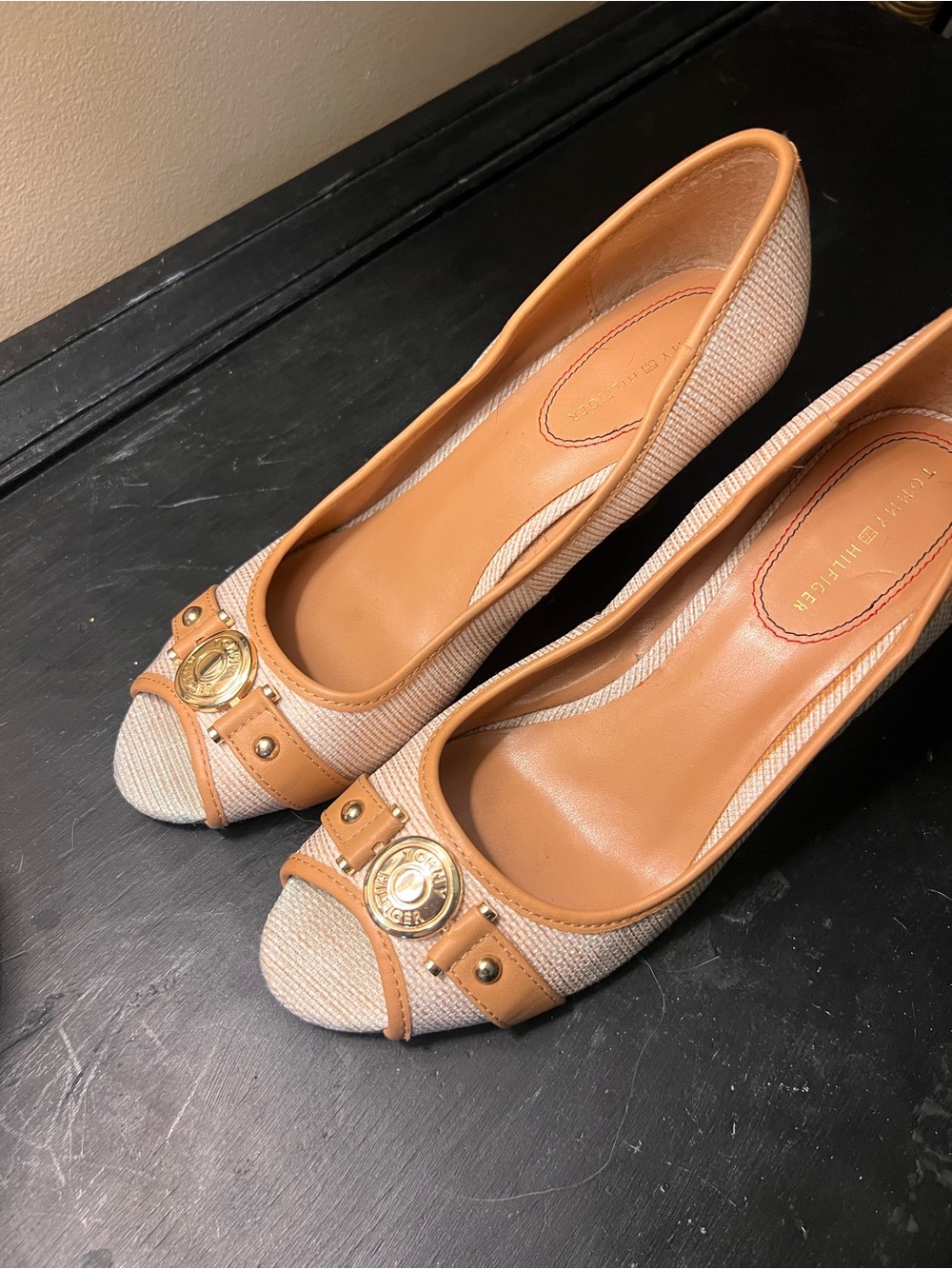 Tommy Hilfiger Beige and Tan Ballet Flats with Gold Logo